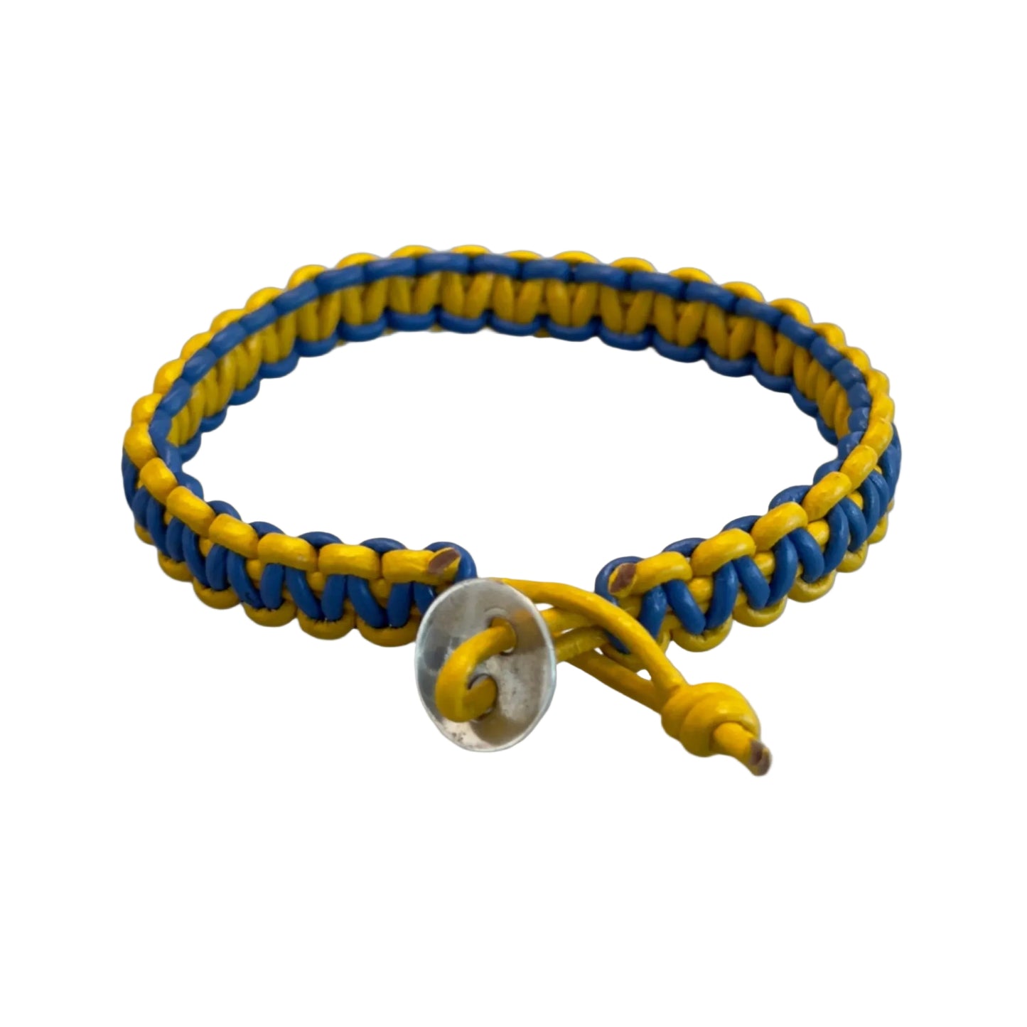 A leather bracelet in Golden State Warriors colors, featuring a sterling silver clasp.