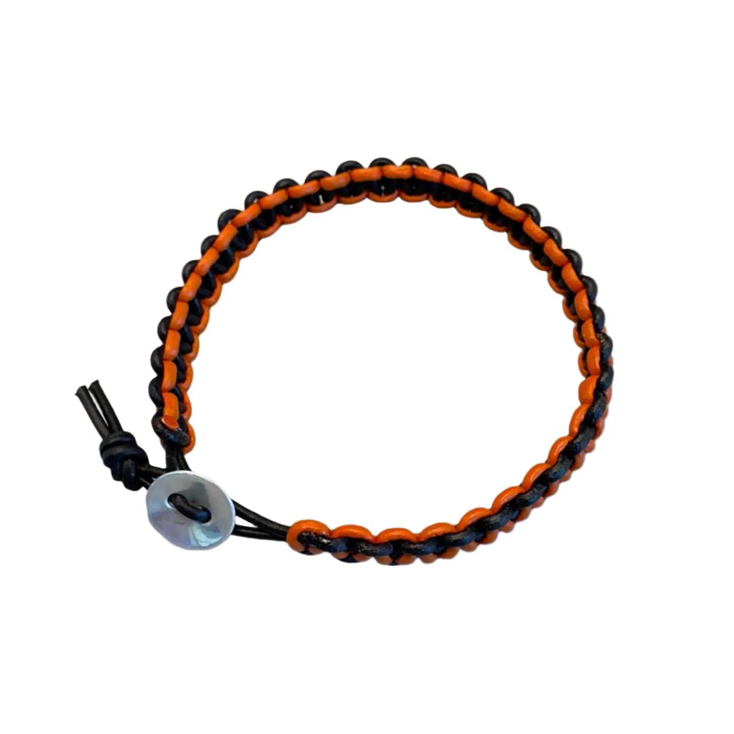 An orange and black leather bracelet with a sterling silver clasp, designed for showcasing San Francisco Giants colors.