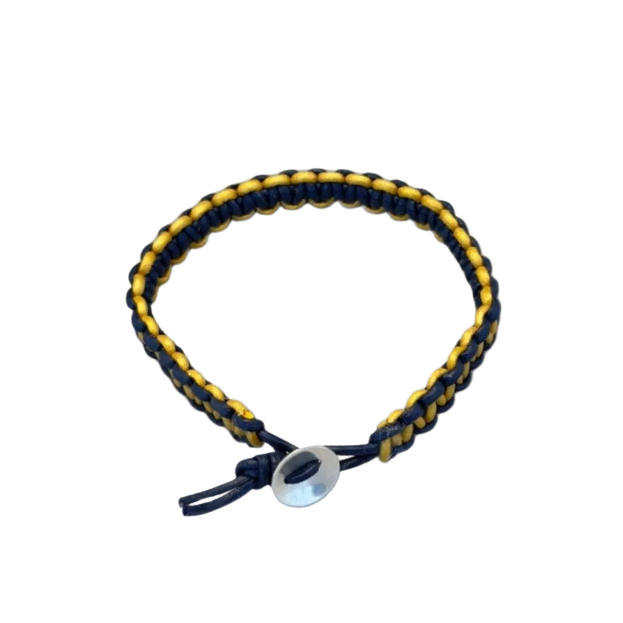 A blue and gold leather bracelet with a sterling silver clasp.