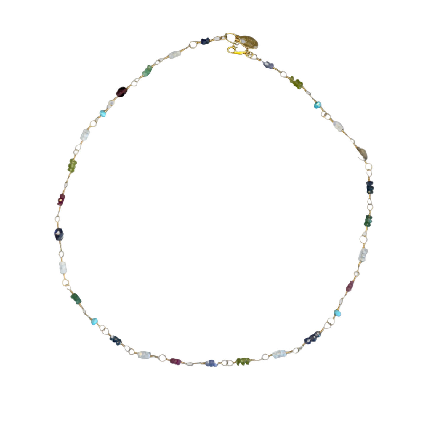A necklace with a mix of colorful gemstone beads on a gold-filled chain.