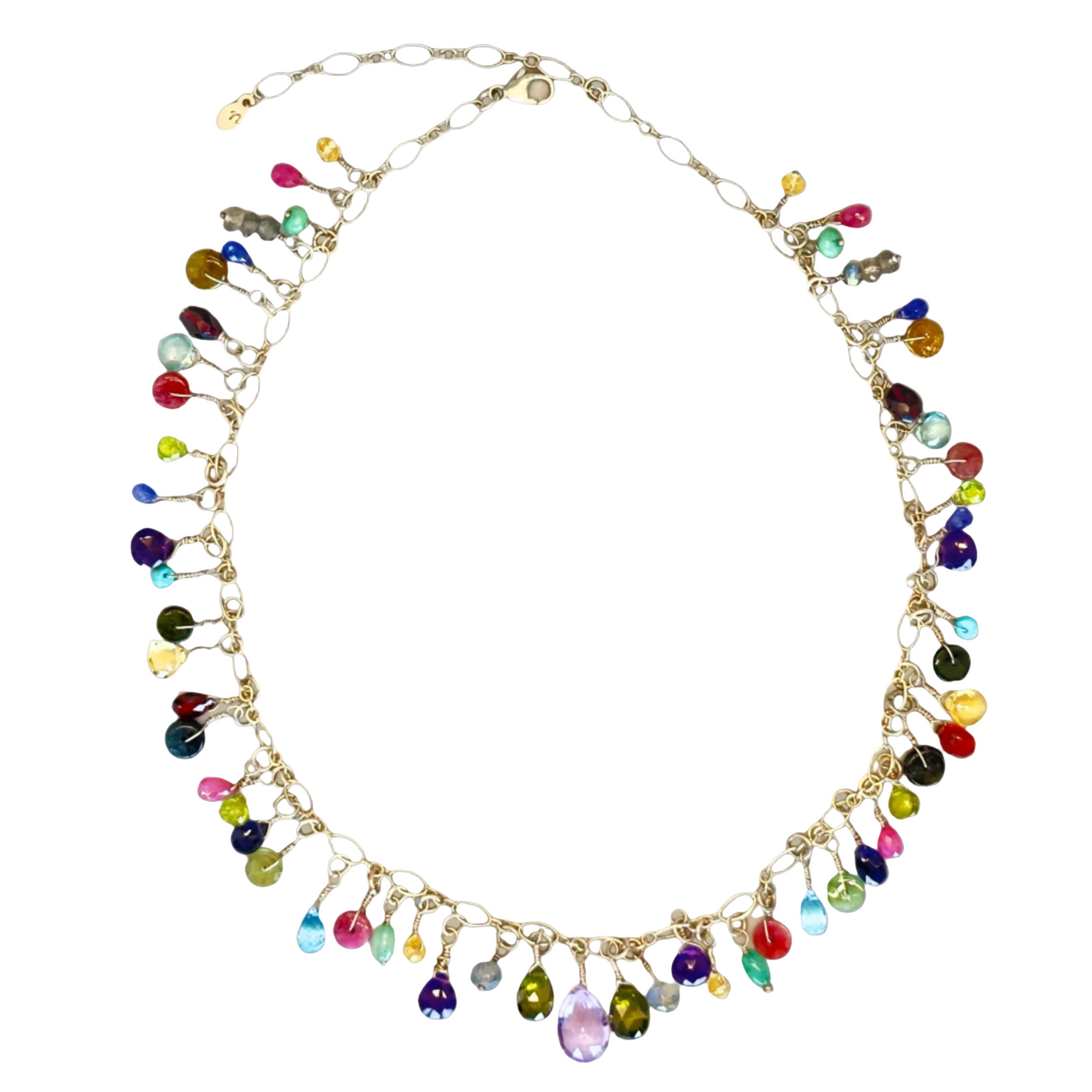 A multicolored dangle gemstone necklace with a gold filled chain and various colored gemstones.